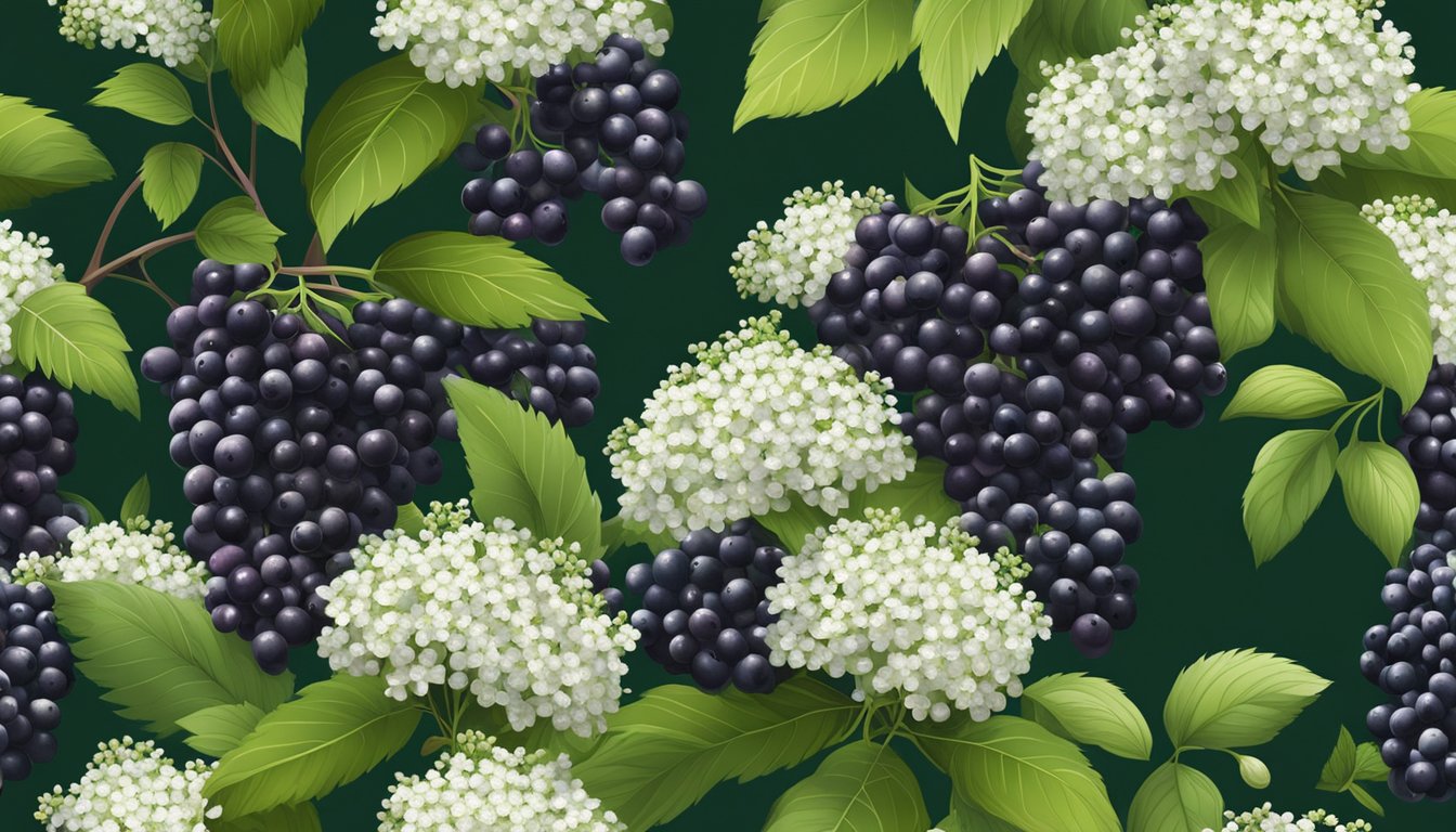 A cluster of elderberry bushes surrounded by vibrant green leaves and delicate white flowers, with ripe, dark purple berries hanging from the branches