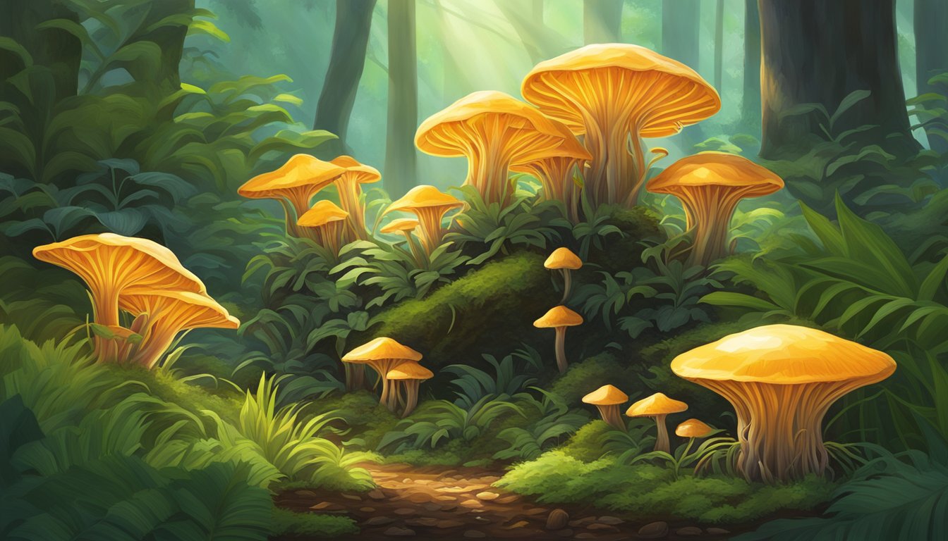 A cluster of cordyceps mushrooms sprout from the forest floor, surrounded by vibrant green foliage. Sunlight filters through the canopy, casting a warm glow on the healing fungi