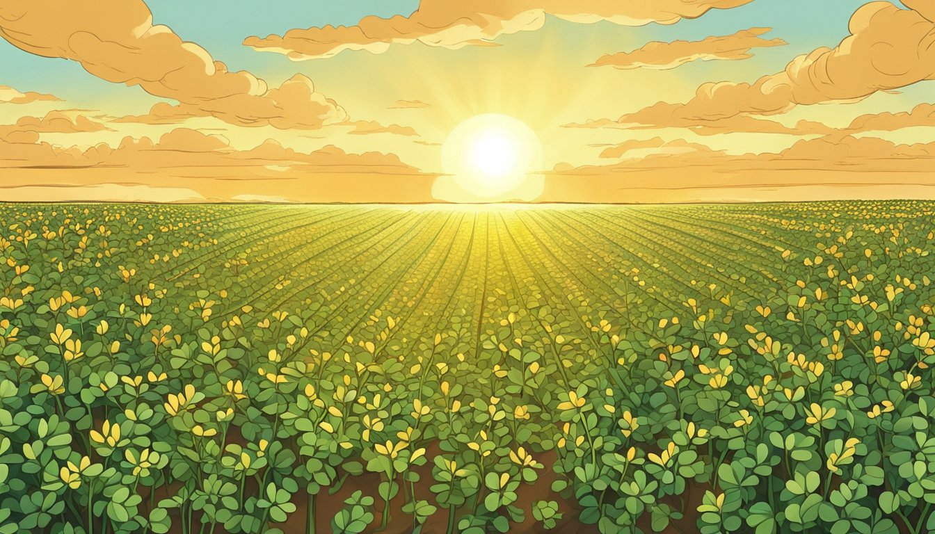 A field of fenugreek plants stretching towards the horizon, with the sun casting a warm glow on the leaves, symbolizing the healing powers and historical significance of fenugreek