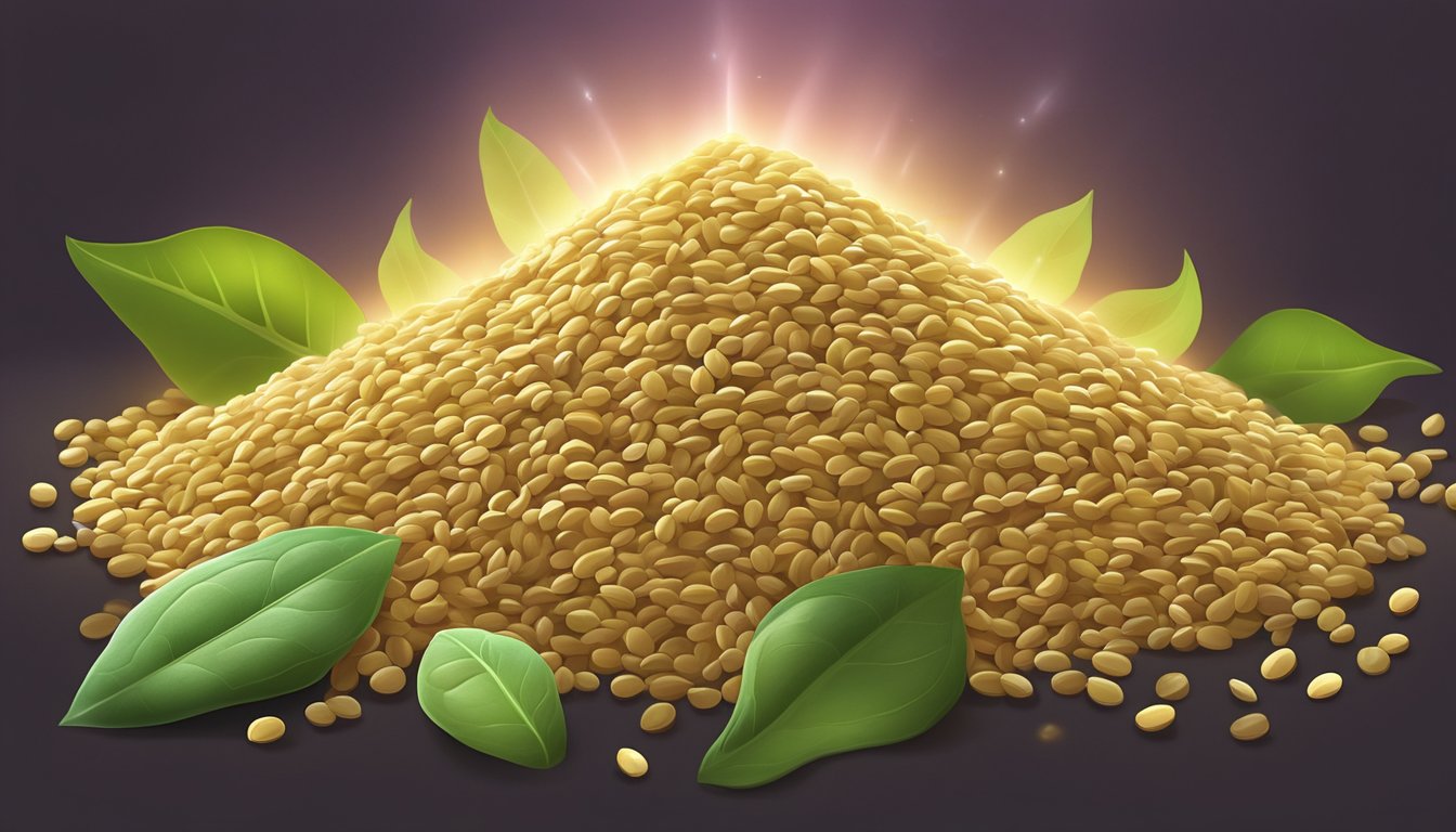 A pile of fenugreek seeds and leaves surrounded by a glowing aura, symbolizing its healing and nutritional properties