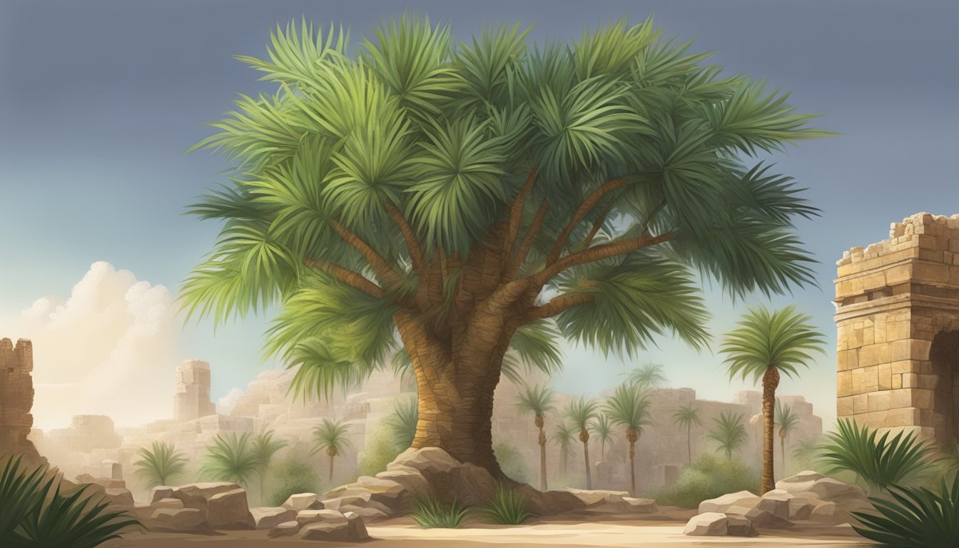 A lush date palm tree surrounded by ancient ruins, with dates hanging from the branches and a sense of tranquility in the air