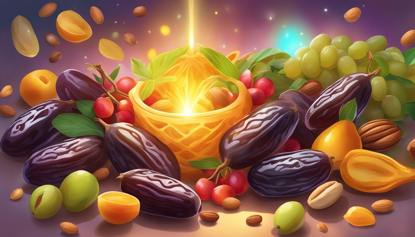 A pile of fresh dates surrounded by vibrant fruits and nuts, with a glowing aura emanating from them, symbolizing their healing powers