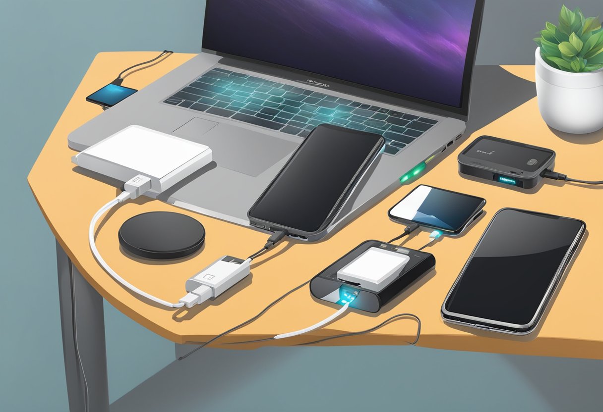 A table with various electronic devices and portable chargers with built-in flashlights, showcasing compatibility and versatility