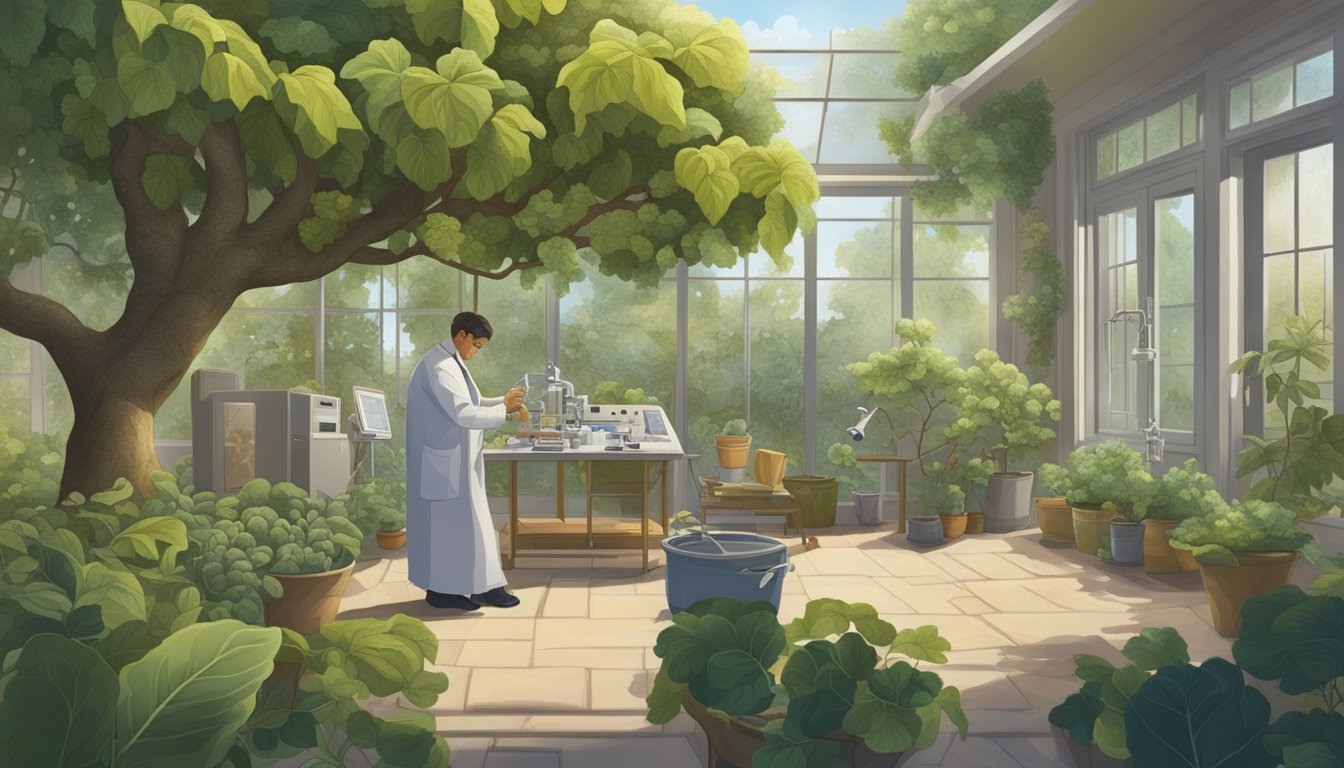 A tranquil garden with a fig tree surrounded by medical equipment and a scientist observing the figs' healing properties