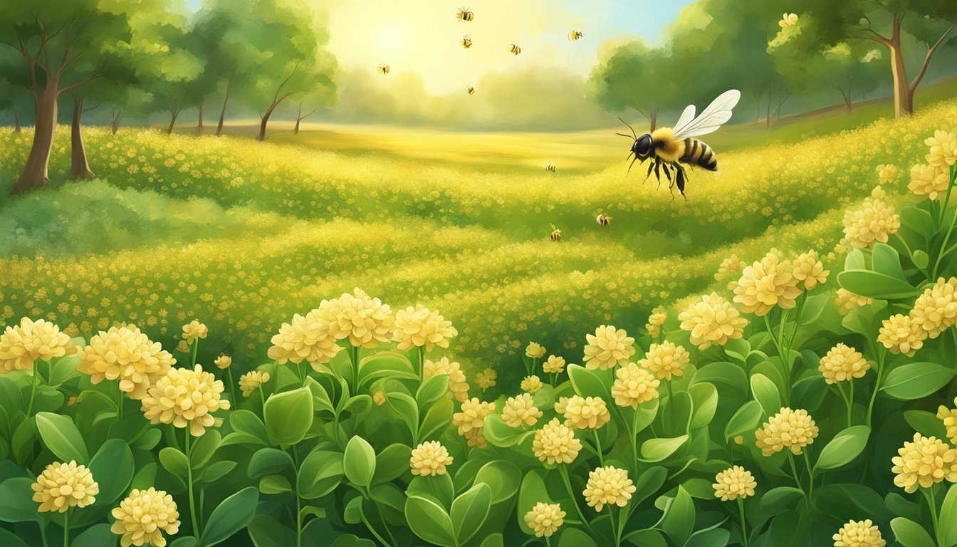 A lush green field of fenugreek plants, bathed in golden sunlight, with bees buzzing around the fragrant flowers