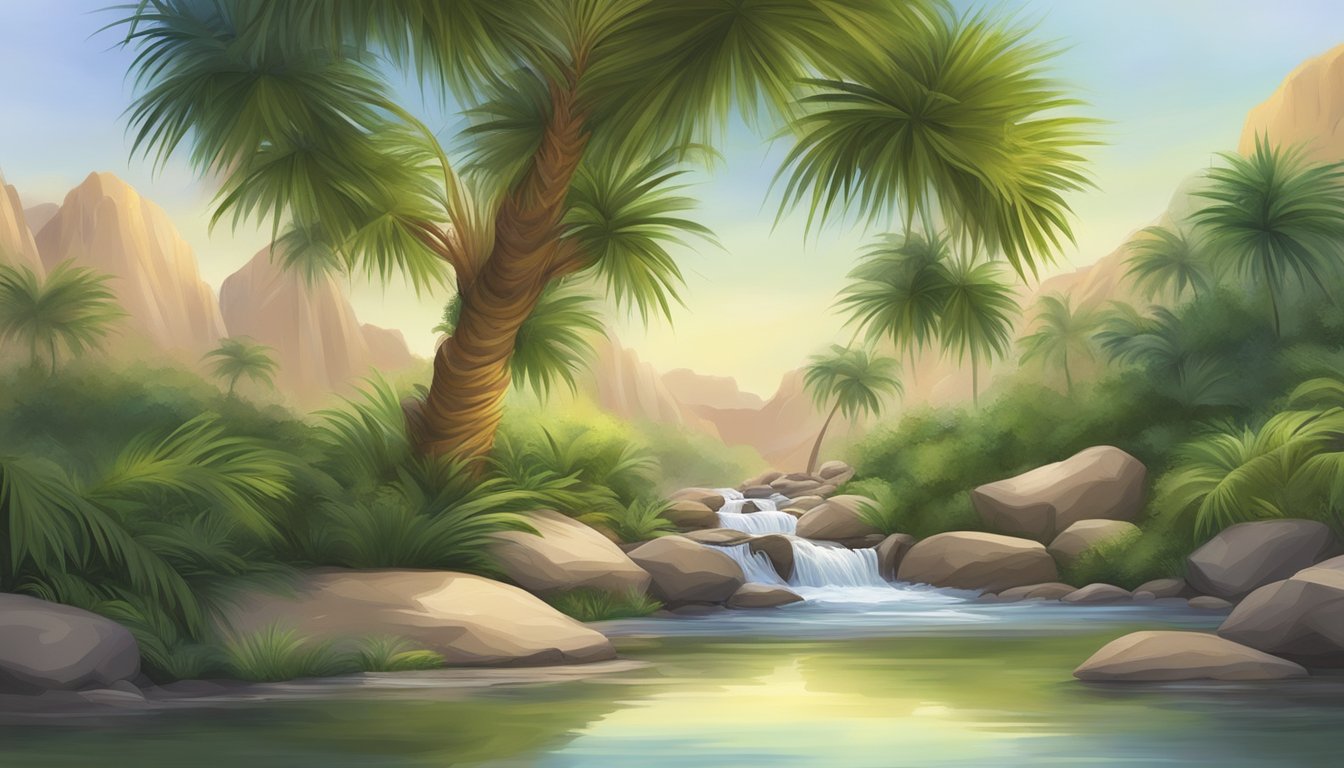 A serene oasis with a date palm tree surrounded by lush greenery and a peaceful flowing stream