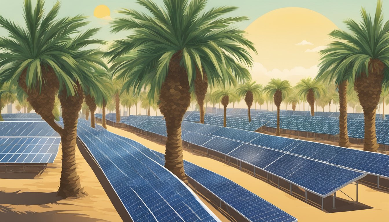 A lush date palm orchard with ripe fruit, surrounded by solar panels and workers harvesting