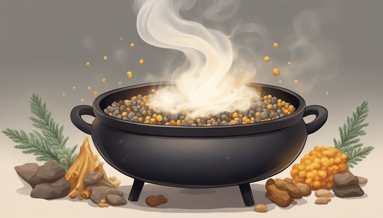 A bubbling cauldron releasing wisps of fragrant smoke, surrounded by clusters of frankincense and myrrh resin