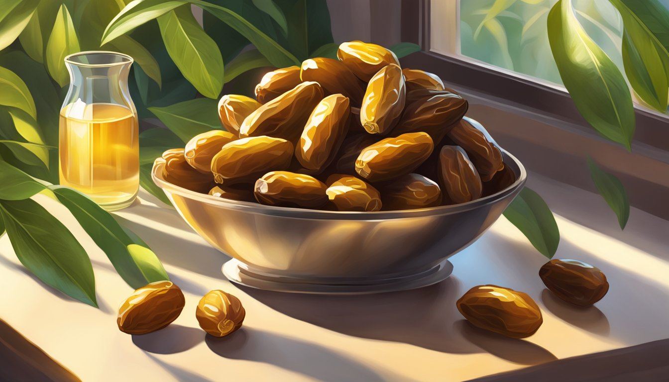 A pile of fresh dates surrounded by vibrant green leaves and golden sunlight streaming through the window, evoking a sense of healing and vitality