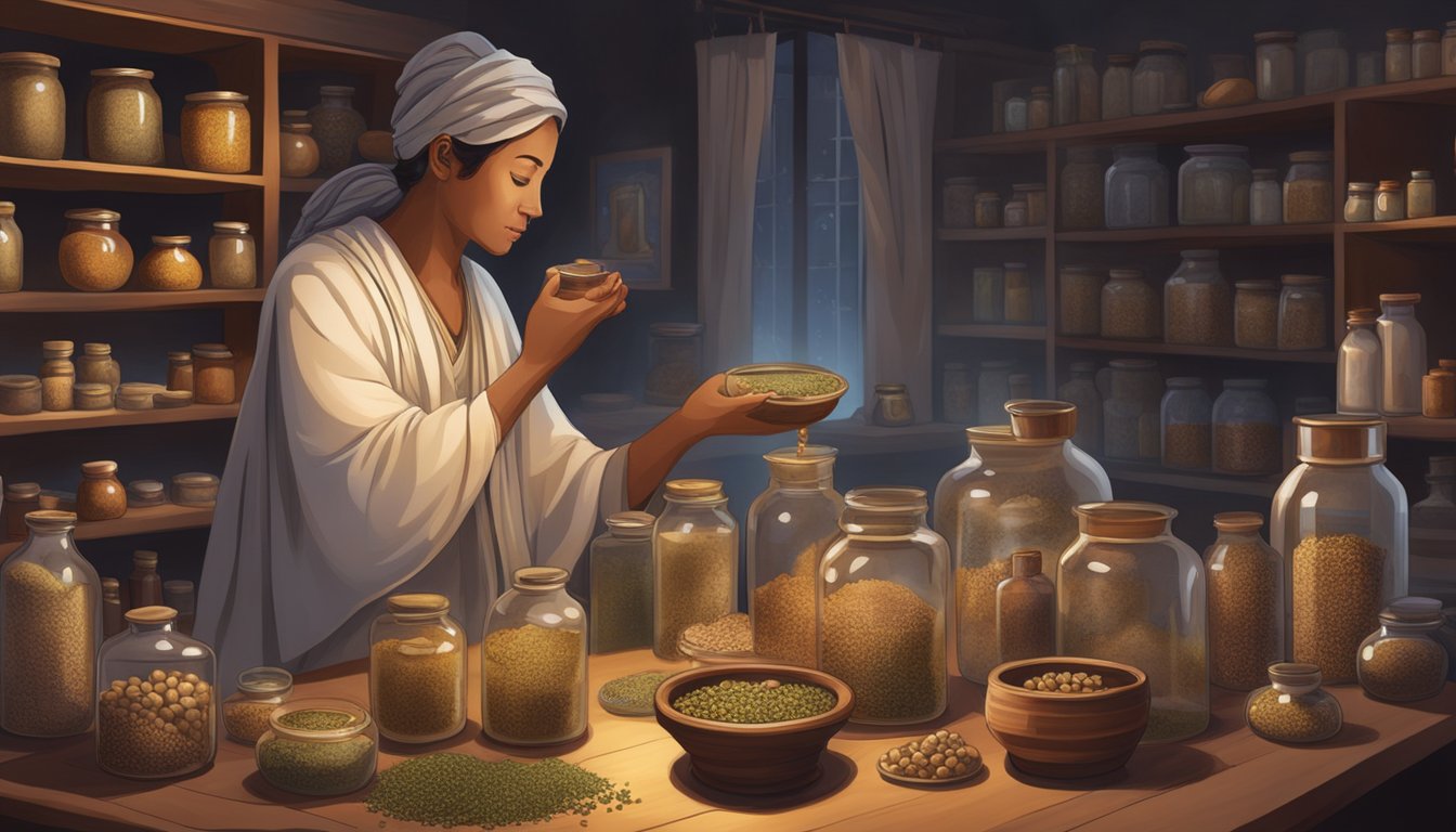 A traditional medicine practitioner surrounded by jars of frankincense and myrrh, mixing and preparing the healing remedies in a serene, dimly lit room