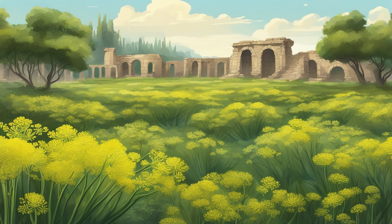 A lush field of wild fennel, with its delicate yellow flowers and feathery green leaves, surrounded by ancient ruins