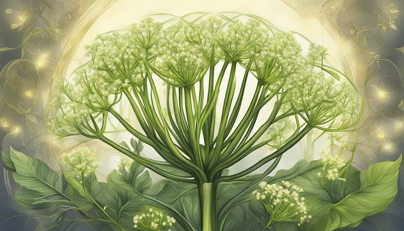 A fennel plant surrounded by protective symbols and symbols of healing, with a soft glow emanating from its leaves and seeds