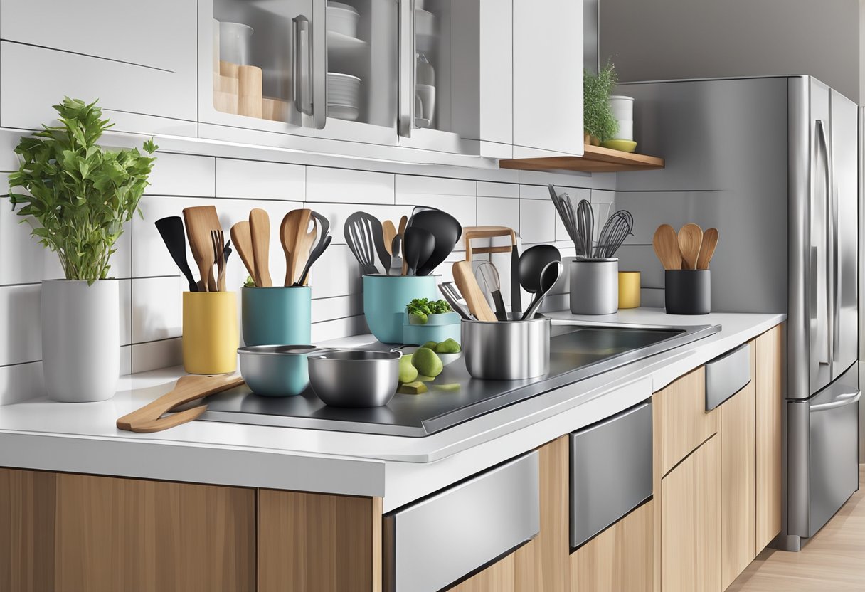 A modern kitchen counter with sleek, stainless steel utensil holders neatly organizing various cooking tools