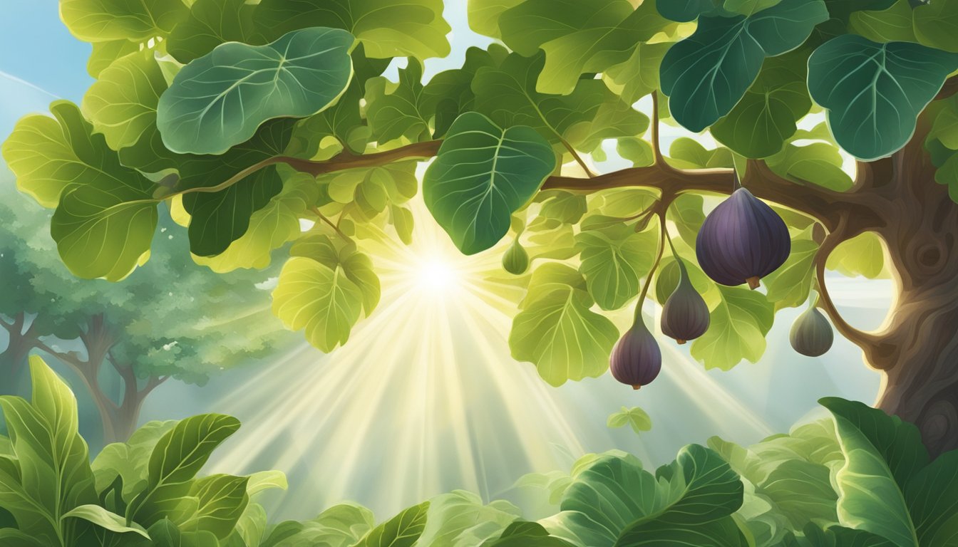 A lush fig tree surrounded by various herbs and plants, with rays of sunlight filtering through the leaves onto the ripe, healing figs