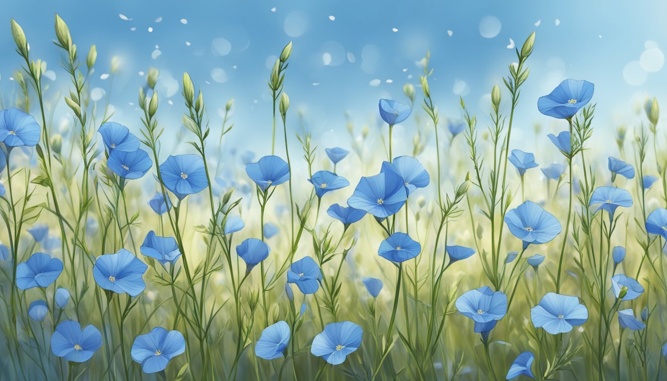 A field of blooming flax plants, with a gentle breeze causing the delicate blue flowers to sway and release their healing seeds