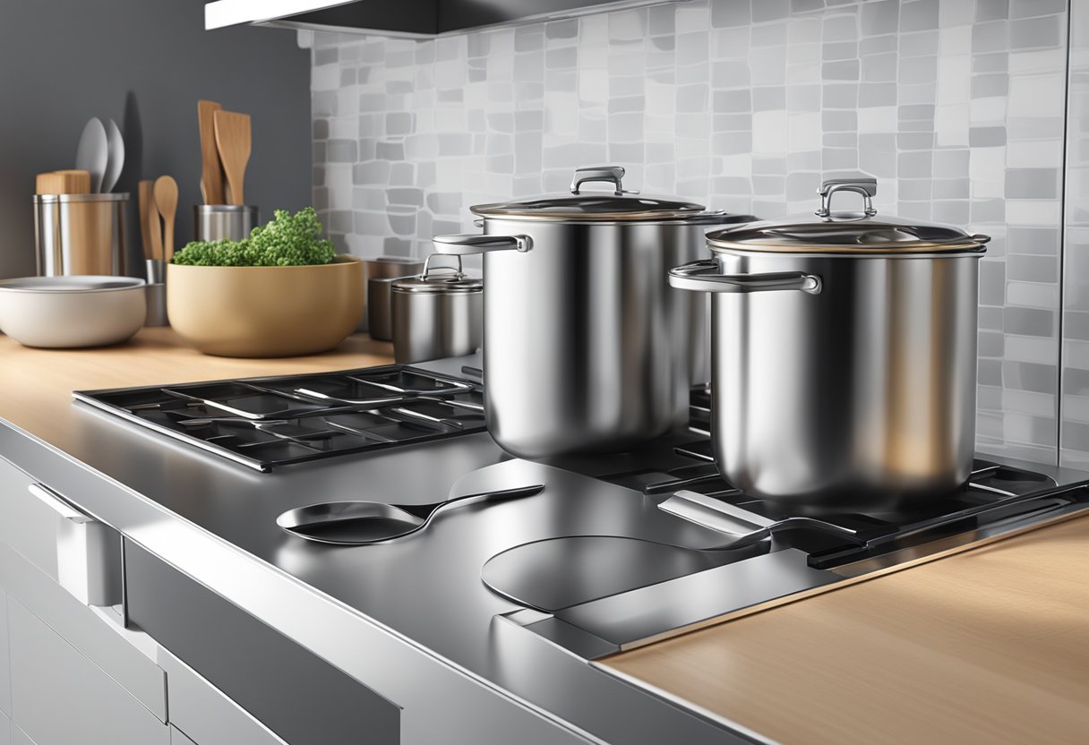 A clean, modern kitchen with sleek, stainless steel utensil holders neatly organized on the countertop