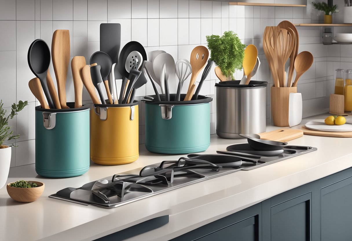 Assorted cooking utensils neatly organized in stylish and space-saving holders on a modern kitchen countertop