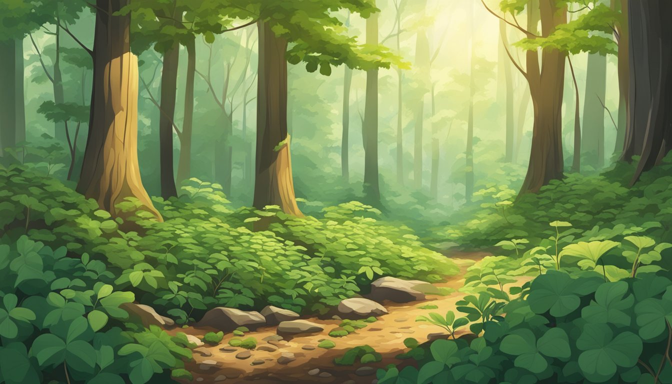 A lush forest floor with ginseng plants in various stages of growth, surrounded by dappled sunlight filtering through the trees