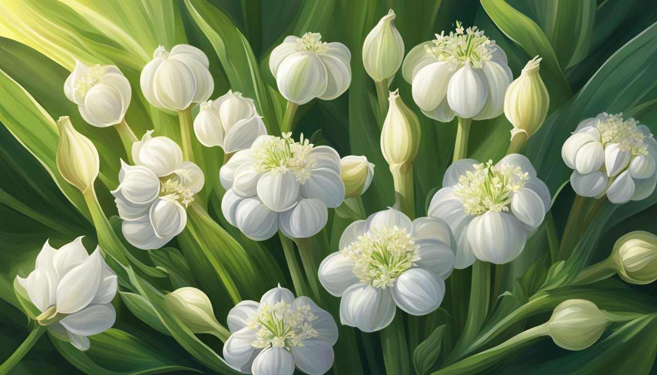 A cluster of garlic bulbs surrounded by vibrant green leaves and small white flowers, with rays of sunlight illuminating the scene