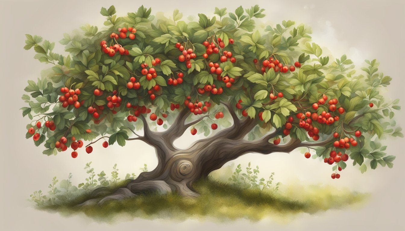 A hawthorn tree with ripe red berries, surrounded by ancient healing herbs and a serene, tranquil atmosphere