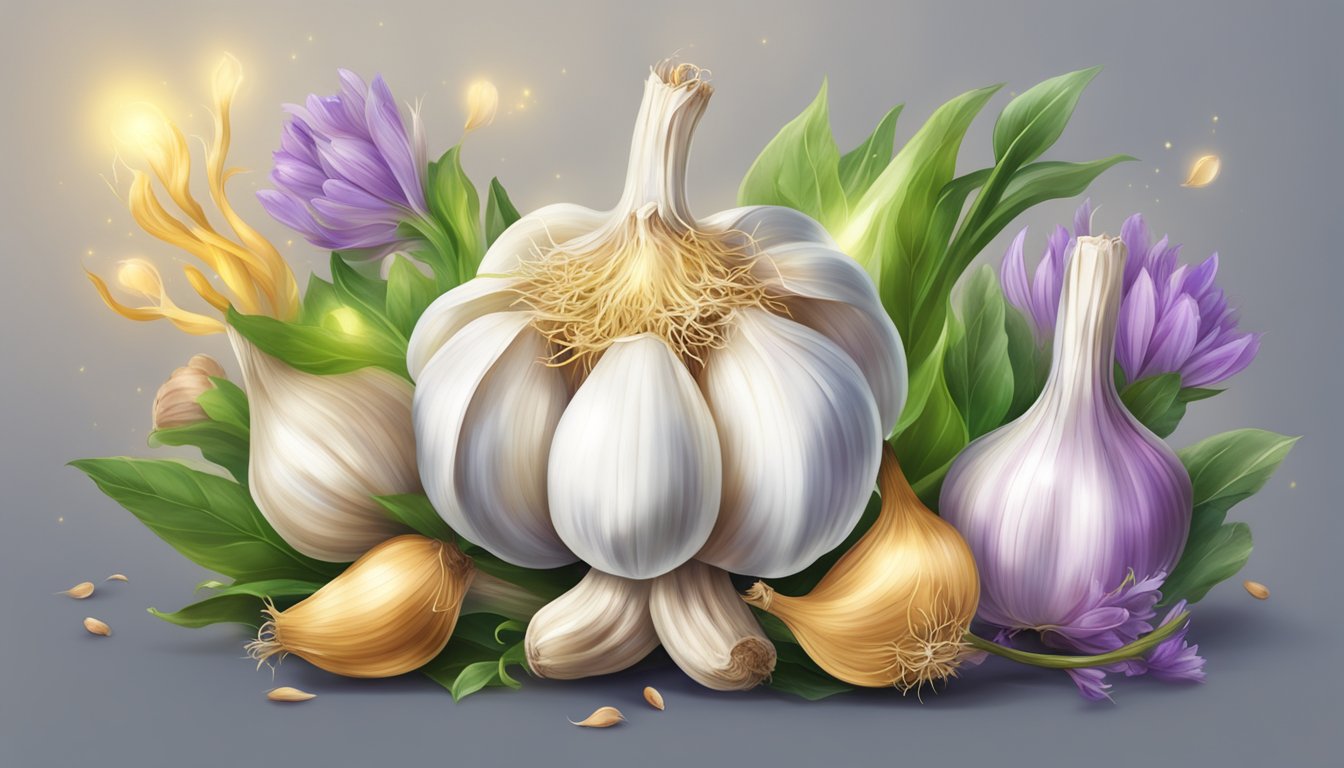 A vibrant illustration of garlic bulbs emitting glowing, golden energy and surrounding a collection of various herbal remedies and healing potions