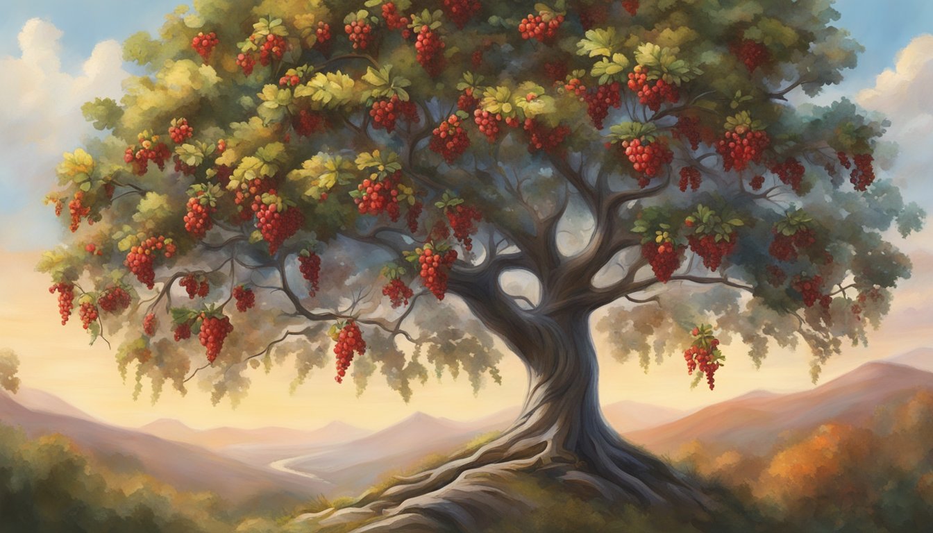 A hawthorn tree stands tall, adorned with clusters of vibrant red berries. A sense of tranquility and healing emanates from the scene