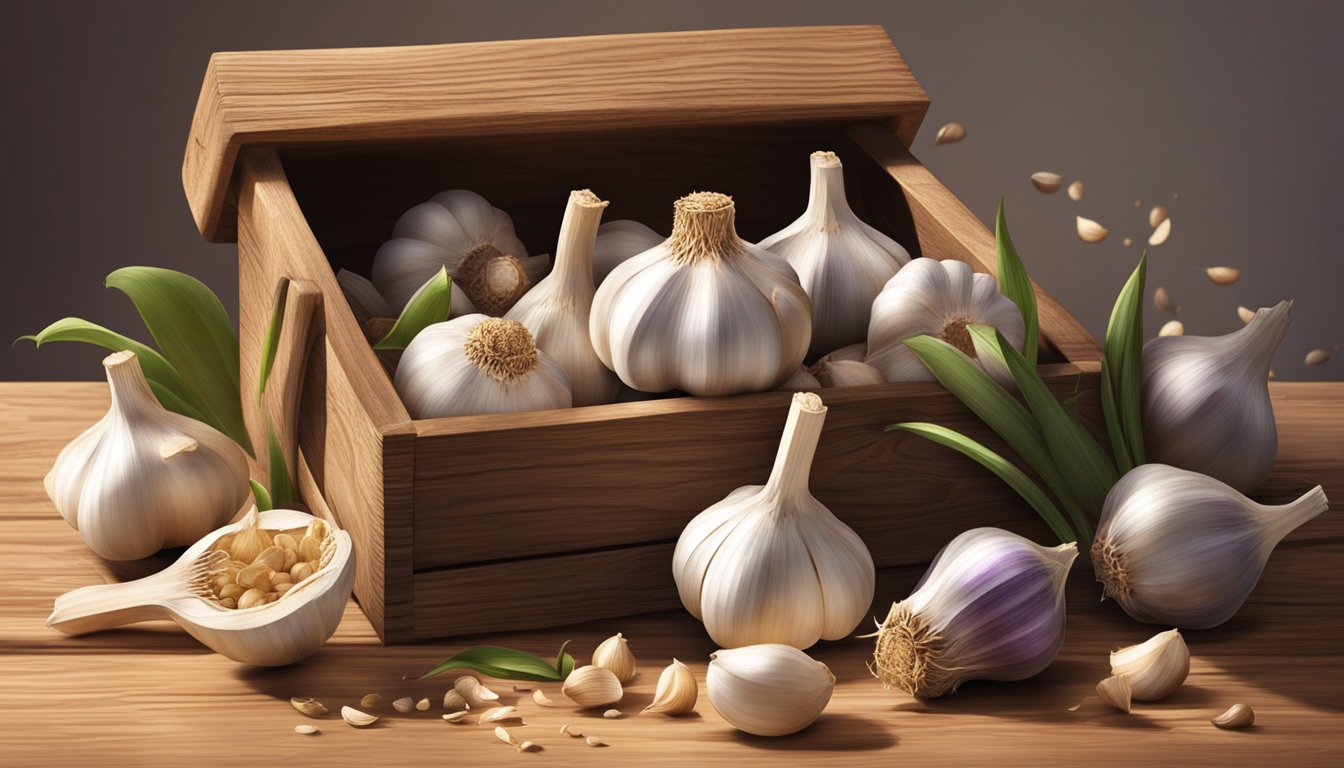 Garlic bulbs arranged in a rustic wooden crate, surrounded by scattered cloves and a mortar and pestle. Rays of sunlight illuminate the scene