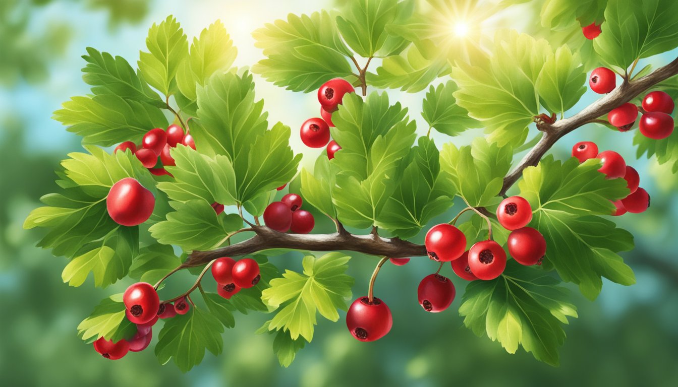 A hawthorn tree surrounded by vibrant green leaves and red berries, with sunlight filtering through the branches