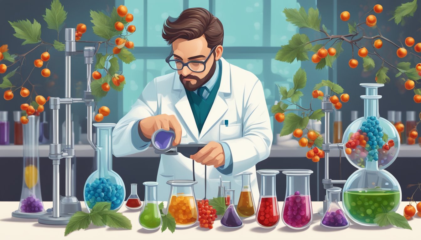 A scientist in a lab coat examines a cluster of hawthorn berries under a microscope, surrounded by beakers and test tubes filled with various liquids