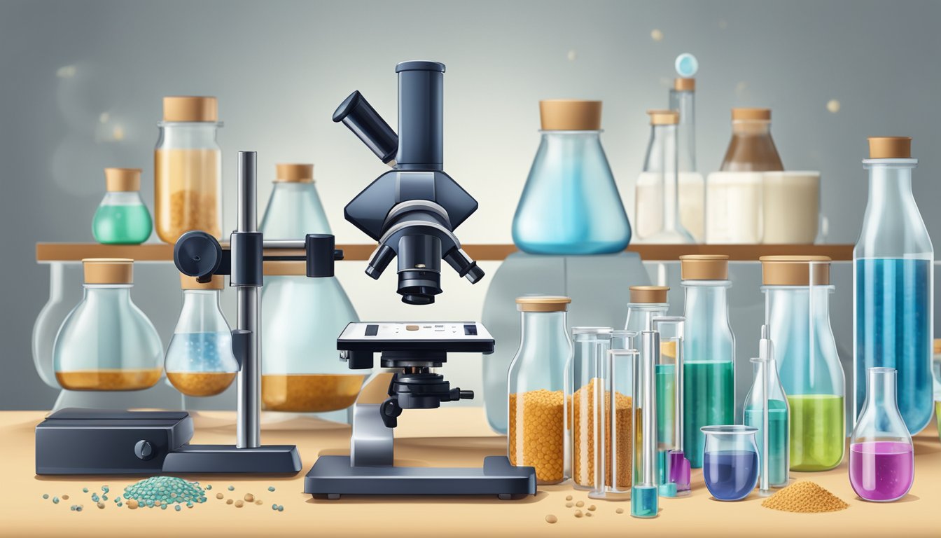 A laboratory filled with beakers, test tubes, and scientific equipment. A microscope sits on a table, with flaxseed samples ready for examination