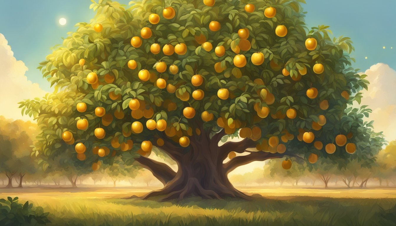 A jujube tree stands tall in a lush orchard, heavy with ripe fruit. A beam of sunlight illuminates the golden orbs, casting a warm glow over the scene