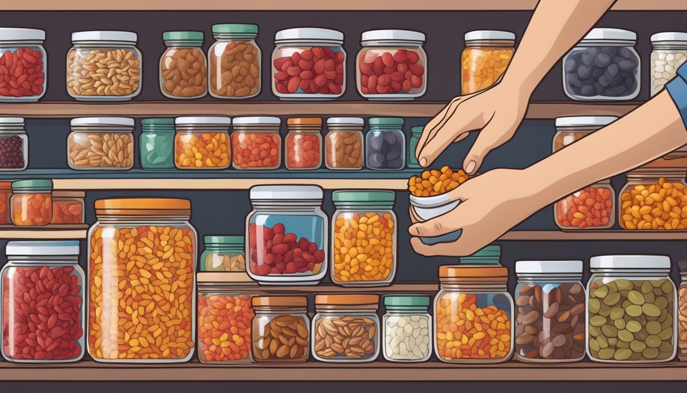 A pair of hands reaching for a jar of goji berries on a shelf, surrounded by various containers of dried fruits and nuts