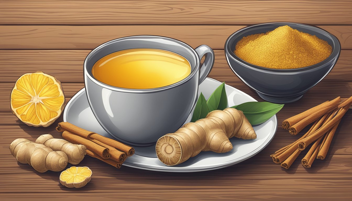 A steaming cup of ginger tea surrounded by fresh ginger root, turmeric, and cinnamon sticks on a wooden table