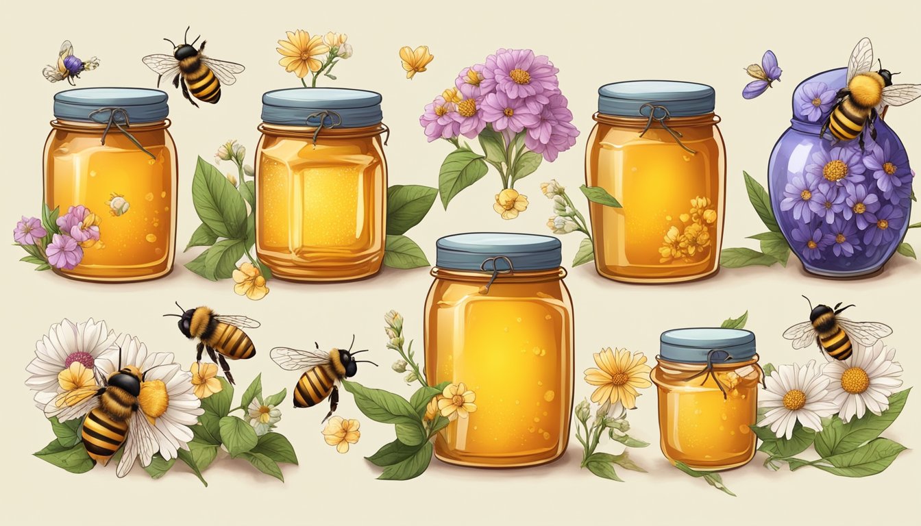 A variety of honey jars surrounded by blooming flowers and buzzing bees. Each jar labeled with a different type of honey and its unique healing properties