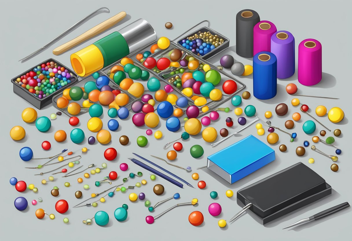 A table scattered with colorful beads, wire, and tools for making jewelry