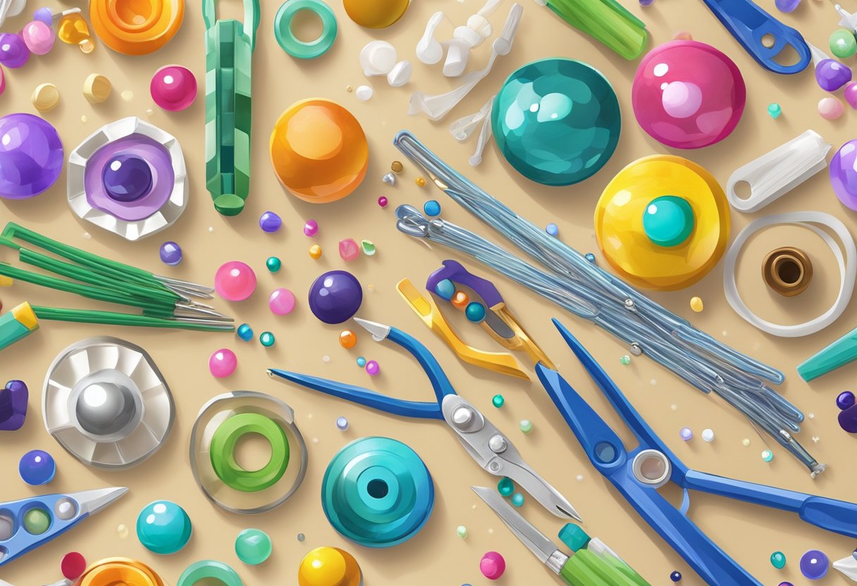 A colorful array of beads, tools, and instructional guides spread out on a clean, well-lit work surface for creating beautiful bead jewelry designs