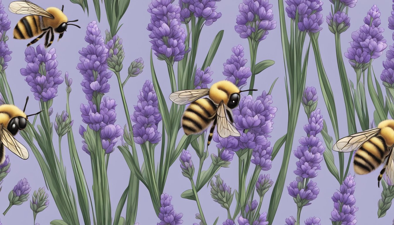 A lavender plant surrounded by bees, with a soft breeze gently swaying its purple flowers