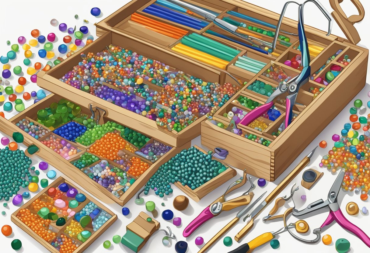 A table scattered with colorful beads, pliers, and wire. A jewelry making kit box sits open, displaying an assortment of beads and tools