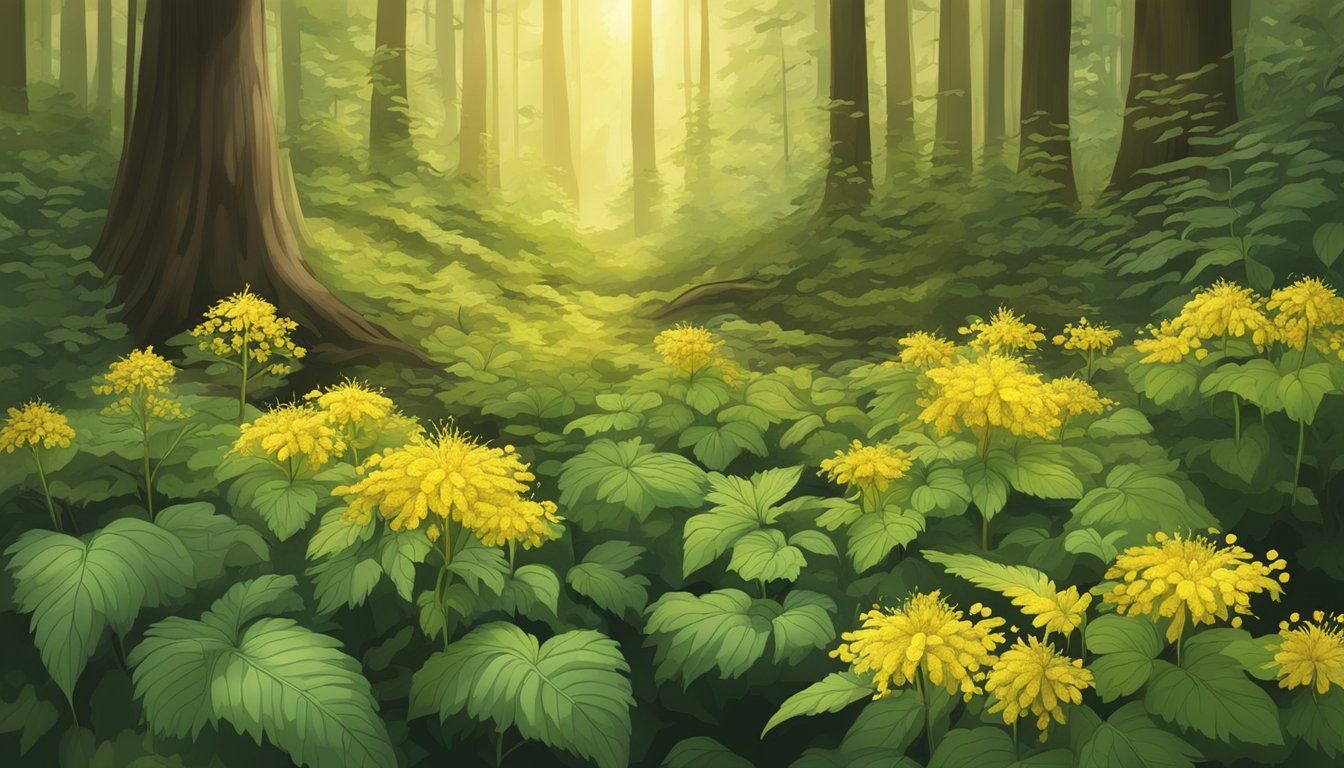 A lush forest floor with golden-hued goldenseal plants thriving in the dappled sunlight, surrounded by a peaceful, healing energy