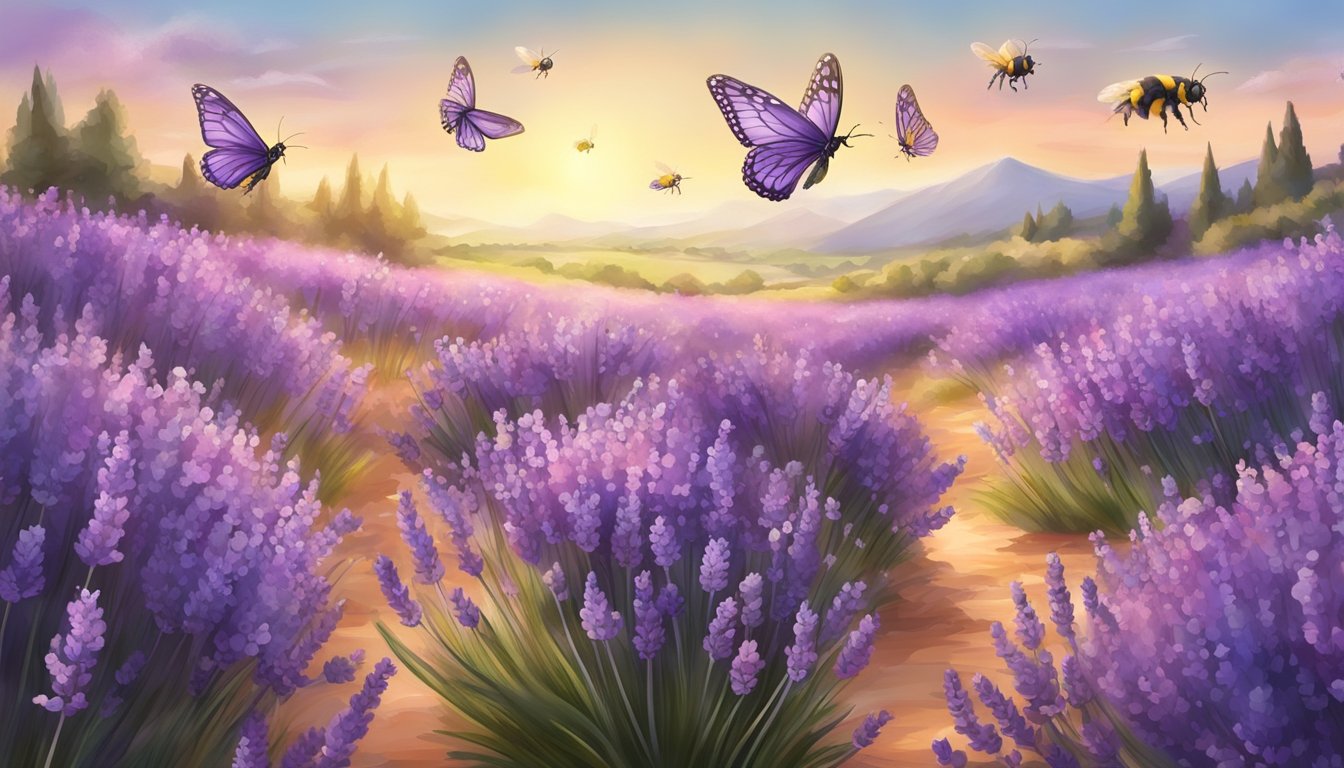 A field of blooming lavender releasing its fragrant essential oils into the air, surrounded by bees and butterflies