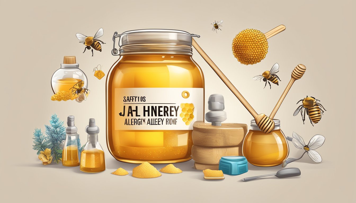 A jar of honey surrounded by allergy warning symbols and safety equipment