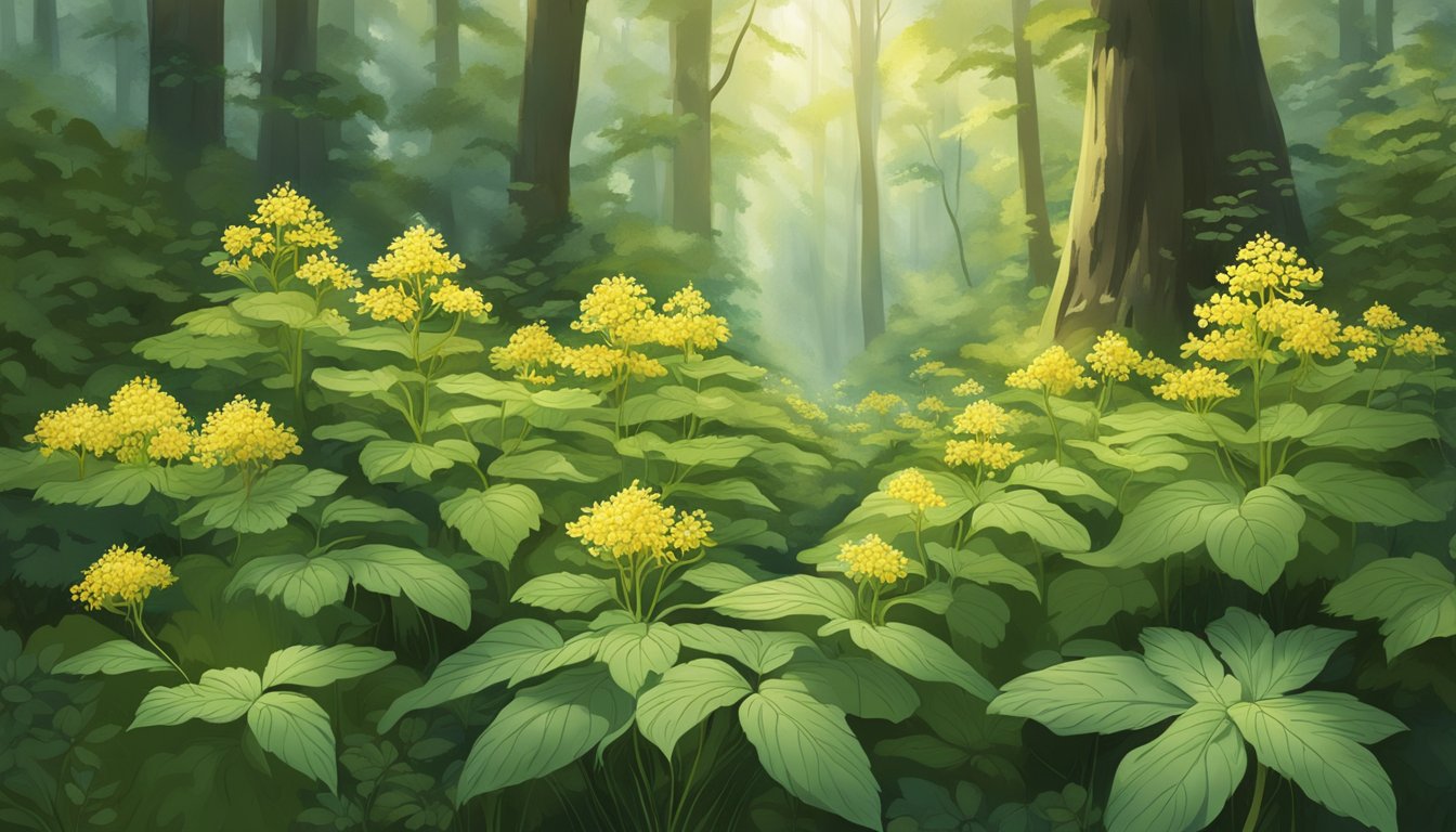 A lush forest floor with goldenseal plants in bloom, surrounded by dappled sunlight and a sense of tranquility