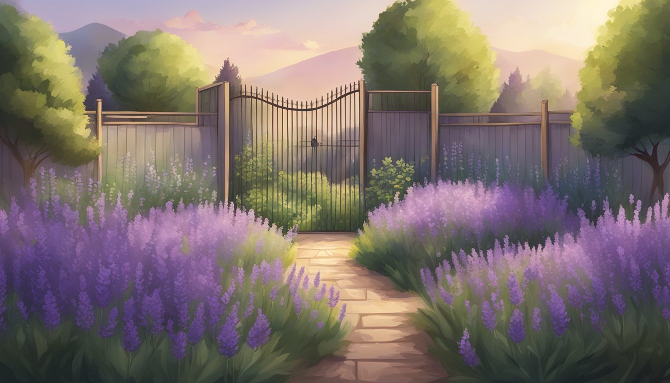 A calm and serene garden with lavender plants surrounded by protective barriers and warning signs