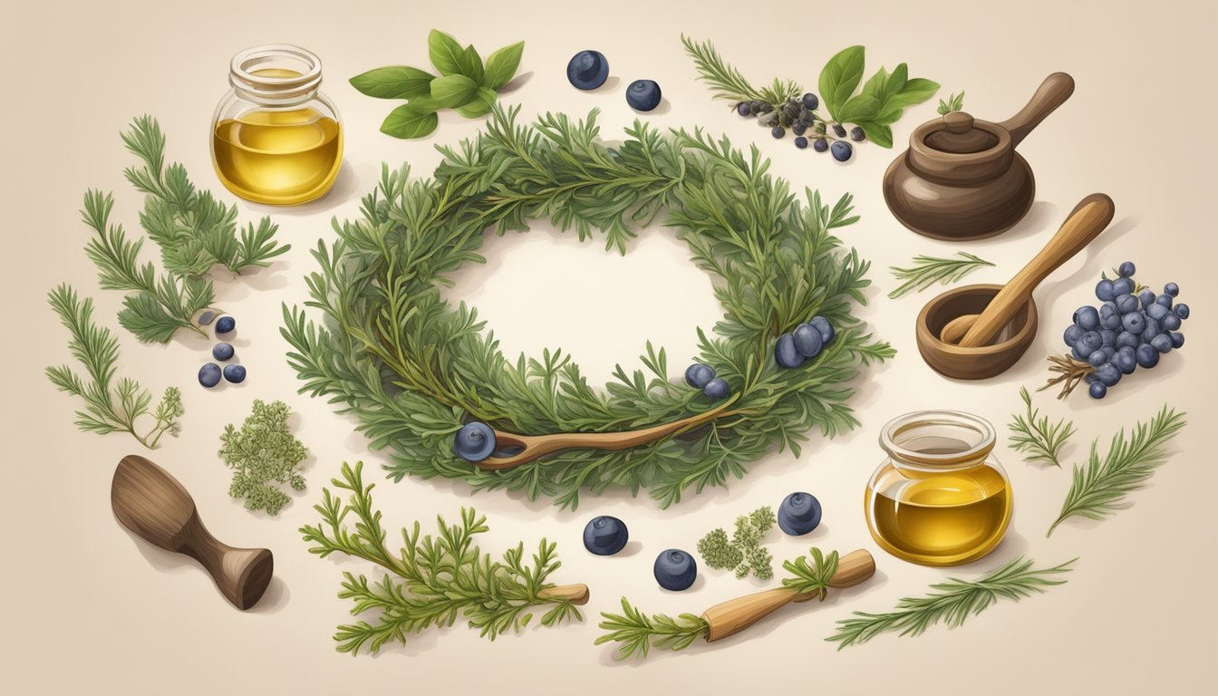 Juniper branches and berries arranged in a circle, surrounded by ancient herbal remedies and healing tools