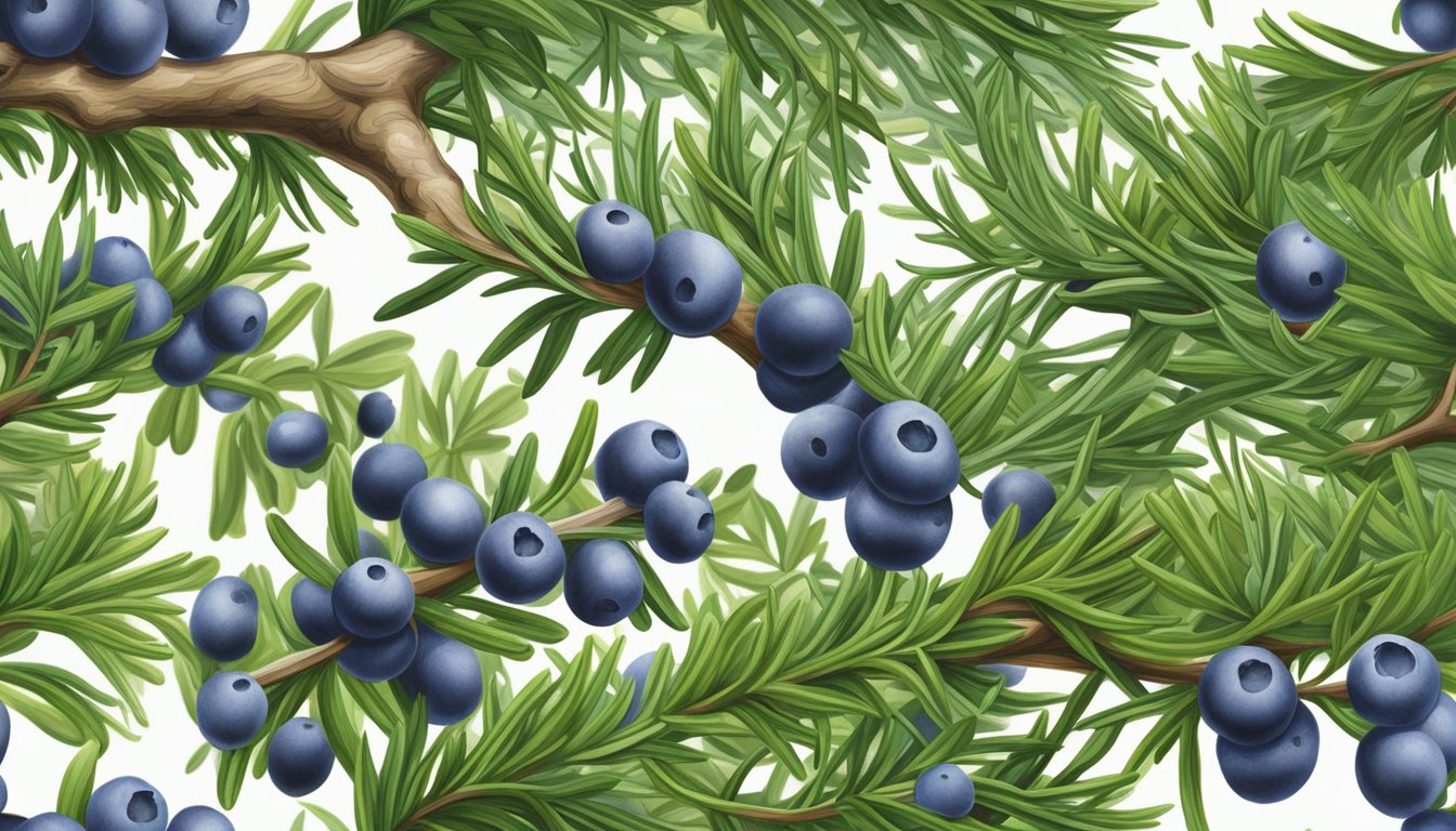 Juniper berries releasing healing compounds into the air, surrounded by lush green foliage