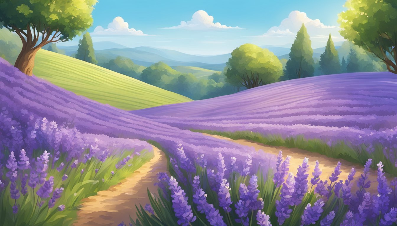 A field of blooming lavender, surrounded by lush greenery and buzzing bees, under a clear blue sky