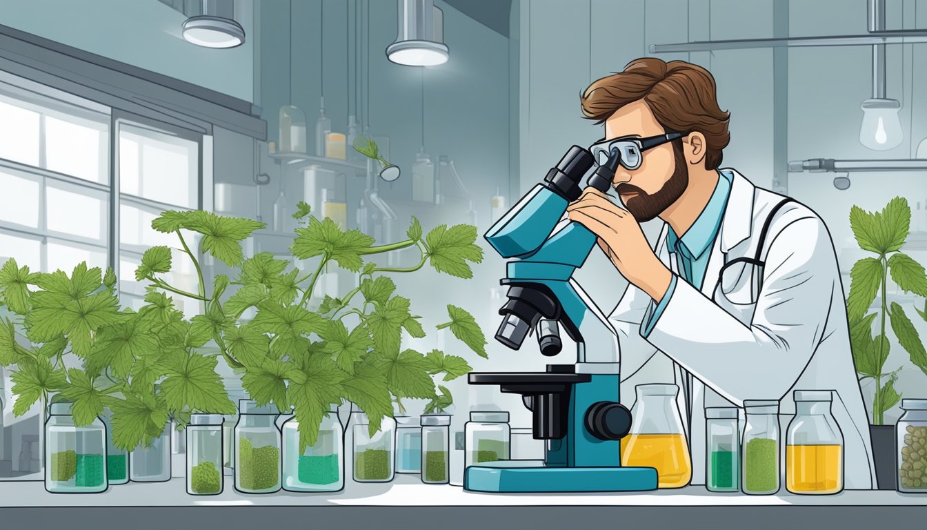 A scientist carefully examines a goldenseal plant under a microscope, surrounded by vials and scientific equipment in a modern laboratory