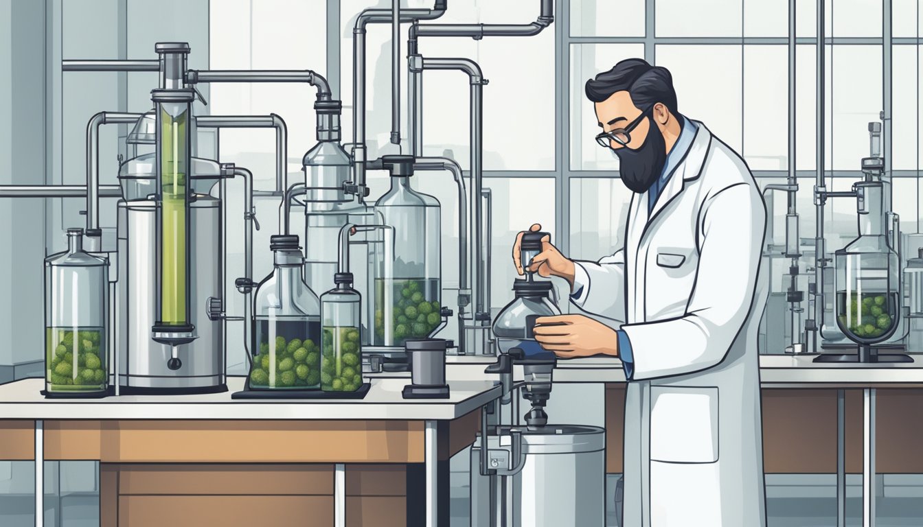 A scientist carefully extracts essential oil from juniper berries using a distillation apparatus in a modern laboratory