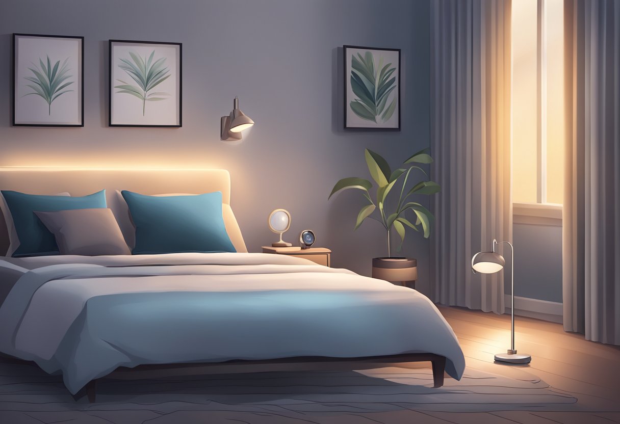 A peaceful bedroom with a bedside table holding a small sleep oxygen monitor, softly glowing in the dim light - Sleep Oxygen Monitors