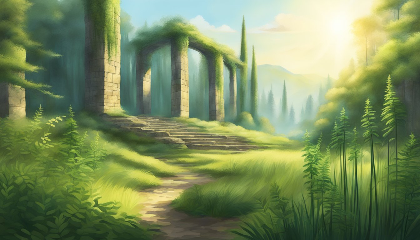 A serene forest clearing with sunlight filtering through tall horsetail plants, surrounded by ancient ruins and a sense of natural healing energy